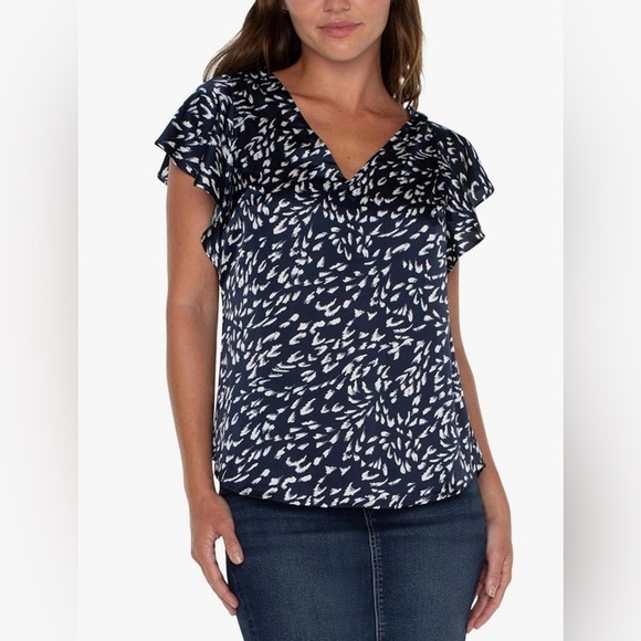 Liverpool Tops - Liverpool Los Angeles Women’s Double V-Neck Flutter Sleeve Stretch Satin Top S